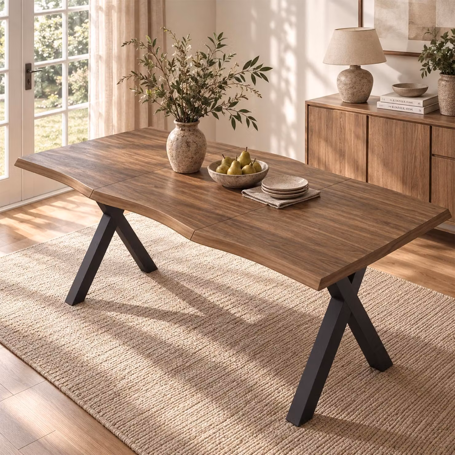 Tavolo rettangolare Flieks per 4-6 persone, tavolo da pranzo/tavolo da cucina con gambe a forma di X, tavolo per soggiorno e sala da pranzo, noce