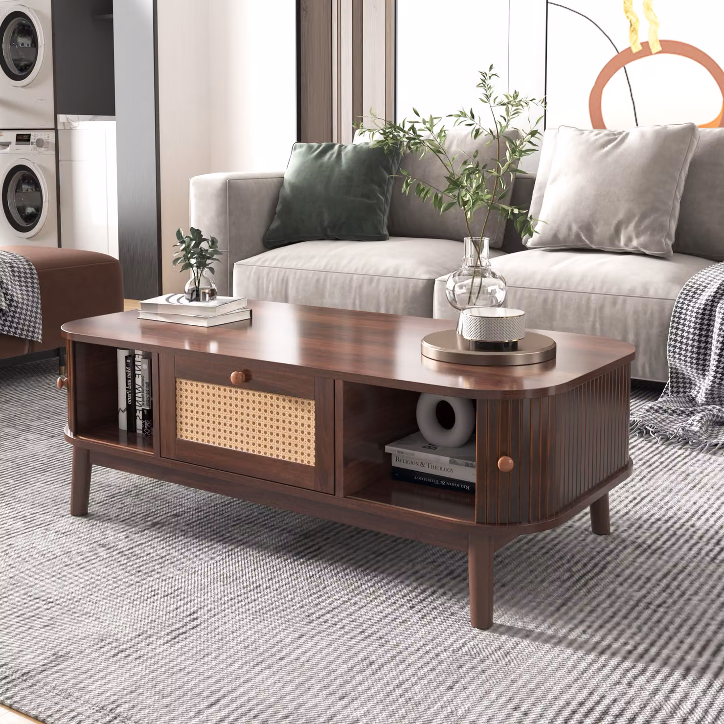 Tavolino 110cm in legno massiccio con ante scorrevoli e vimini in rattan, stile country naturale