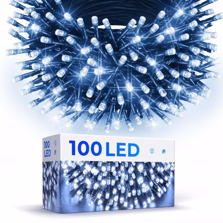 Luci Natalizie: 100 Led, Luminosità Bianca Fredda, Telecomando Con 8 Modalità