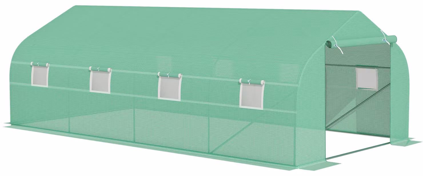 Serra Moonbite modello Tomatenhaus, dimensioni 595 x 300 x 200 cm, con tetto a falde, serra in film plastico accessibile, porte a rullo, copertura impermeabile con protezione UV, struttura in ferro zincato, colore verde