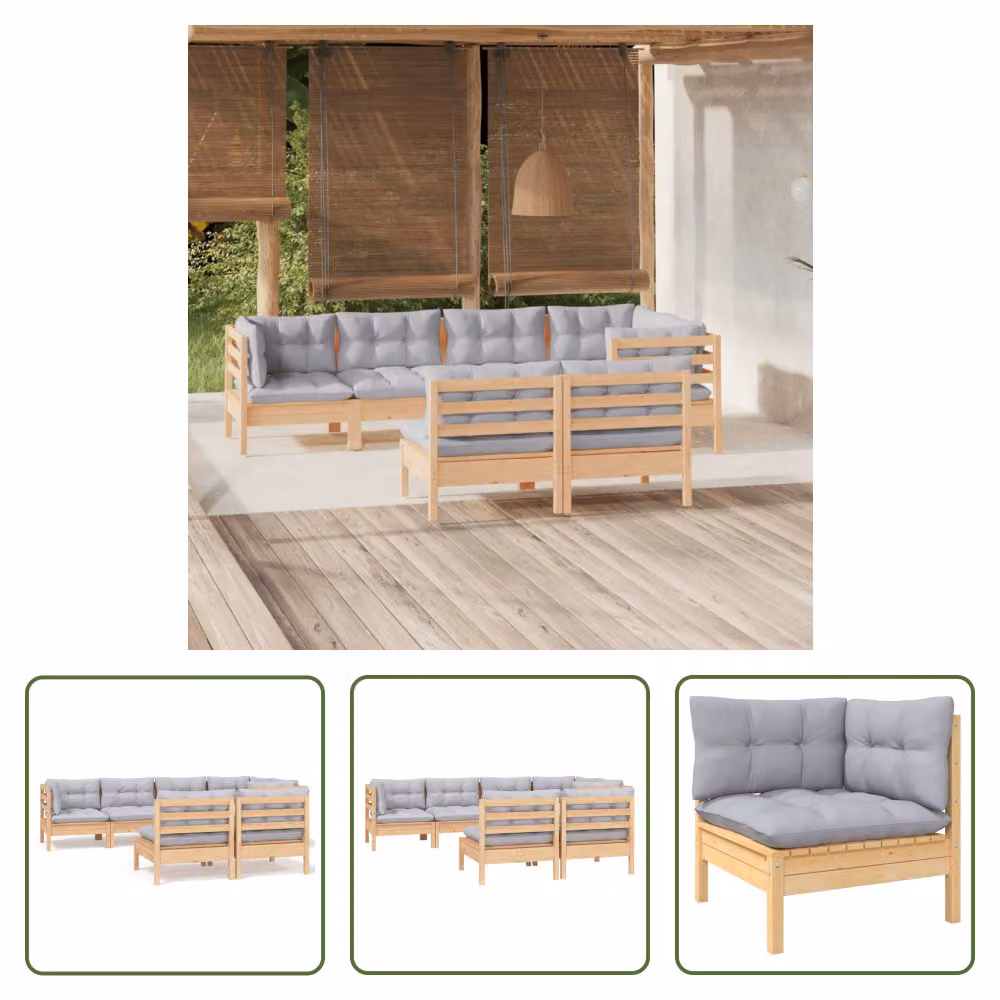 The Living Store Set da salotto da giardino 7 pezzi con cuscini grigi in legno di pino massiccio