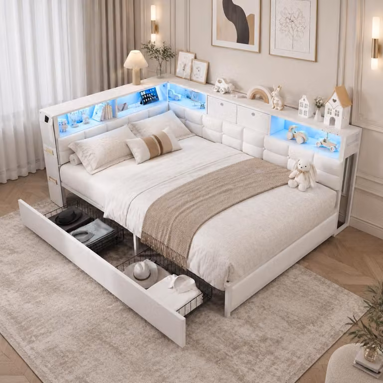 Letto imbottito INONEFT, divano letto 140x200 cm, letto matrimoniale con LED e USB, letto contenitore con testiera e cassetti, letto per ragazzi, struttura letto, tessuto in lino, colore bianco