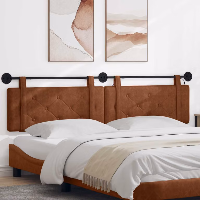 Testiera per letto sospesa vidaXL in similpelle marrone con illuminazione integrata e pannello imbottito