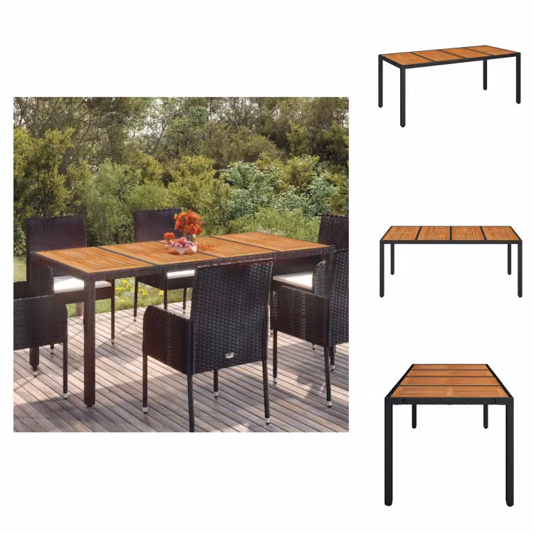 vidaXL Tavolo da giardino con piano in legno nero 190x90x75 cm in poly rattan - Tavoli da giardino