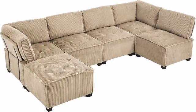 Divano modulare 6 posti in velluto a coste khaki con struttura legno e metallo, forma U/L/letto, ergonomico con tasche laterali