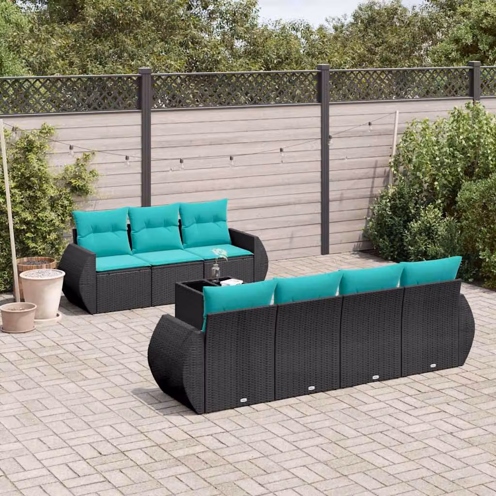 Set di divani da giardino vidaXL in polyrattan nero con 8 pezzi e cuscini blu