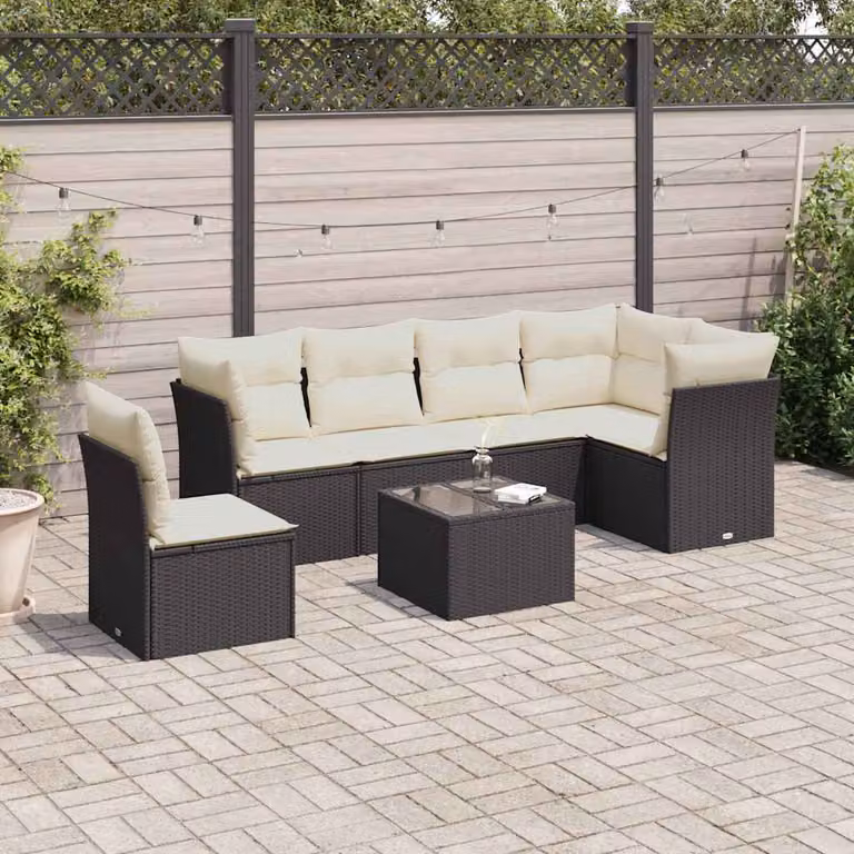 vidaXL Set Divani da Giardino a L con Cuscini 7pz in Polyrattan Nero e Bianco