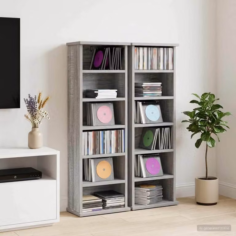 Set di 2 mobili per CD vidaXL in stile moderno, colore grigio, con ripiani regolabili e scomparti multimediali, L 60 cm x P 17 cm x H 92 cm