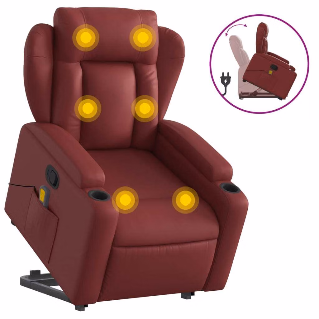 Poltrona Alzapersone Massaggi Reclinabile Rosso Vino Pelle finta