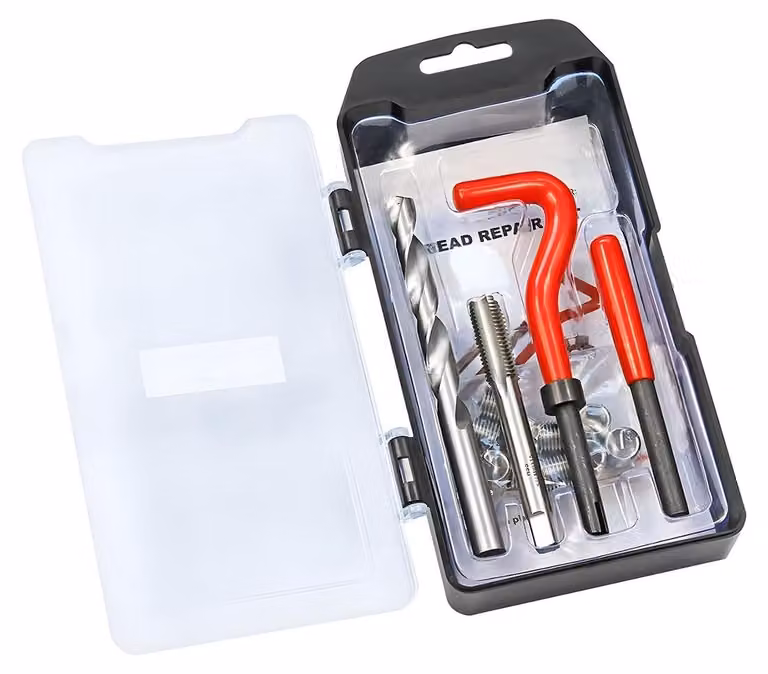 Kit di riparazione filettature - Kit di riparazione filettatura M9 x 1,25 - 15 pezzi - Colore rosso e argento - Utensile di riparazione per automobili - Adatto per veicoli