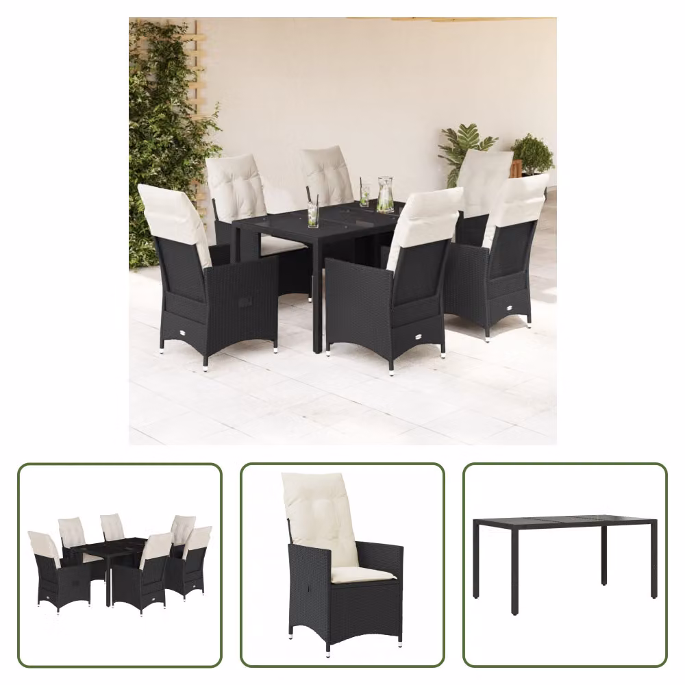The Living Store Set da pranzo da giardino 7 pezzi con cuscini in polirattan nero