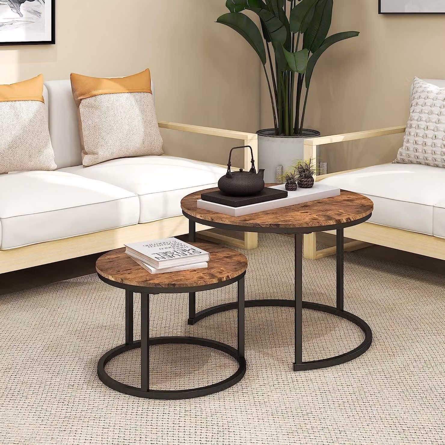 Set di 2 tavolini da salotto, stile industriale, legno, nero e marrone, dimensioni 70/50 cm