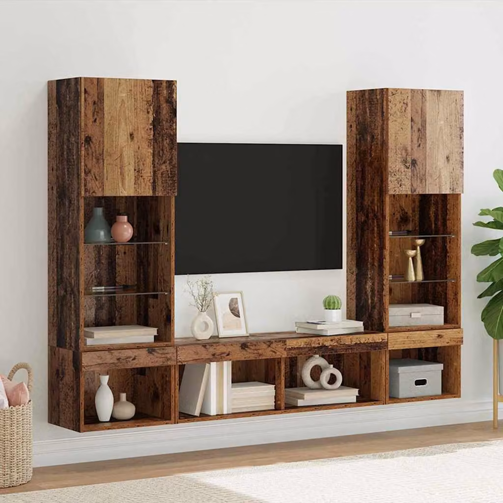 Unità a muro per TV vidaXL con illuminazione LED integrata in legno e vetro, colore marrone, L: 102,0 cm, P: 34,55 cm, H: 40,5 cm