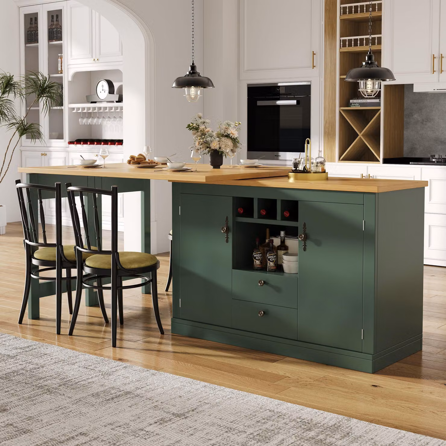 Tavolino bar allungabile Merax con 6 cassetti, girevole a 360°, mobile bar con spazio contenitivo, tavolino bar mobile, tavolo da pranzo, scrivania, soggiorno, verde