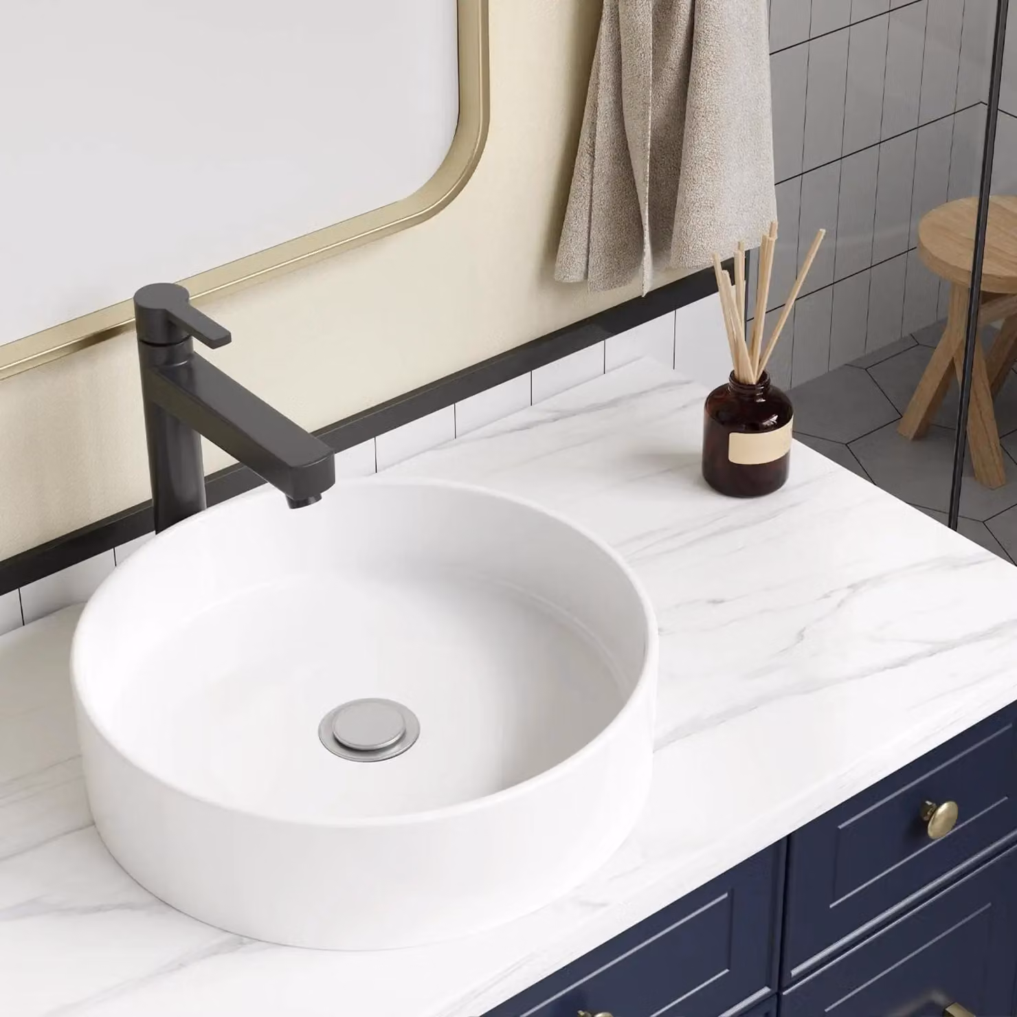 Lavabo – Lavabo da appoggio – Vetroceramica – Rettangolare – Con troppofilo – Miscelatore monocomando – 45 × 45 × 12 cm – Bianco