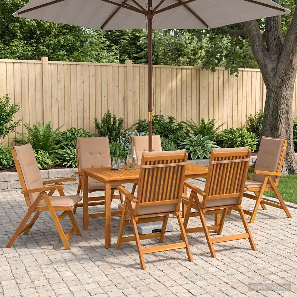 Set da pranzo da giardino vidaXL in legno di acacia naturale composto da 7 pezzi con tavolo rettangolare e sedie con cuscini marroni