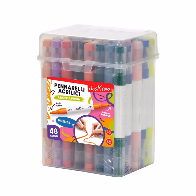 Set di 48 Pennarelli Acrilici Indelebili DESKRIVO a Doppia Punta con Punta a Pennello Multicolore