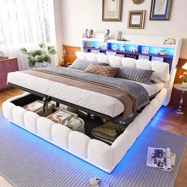 Letto contenitore Mivray in tessuto bouclé bianco con sollevamento idraulico, illuminazione LED e porta USB, L/P: 180 x 200 cm