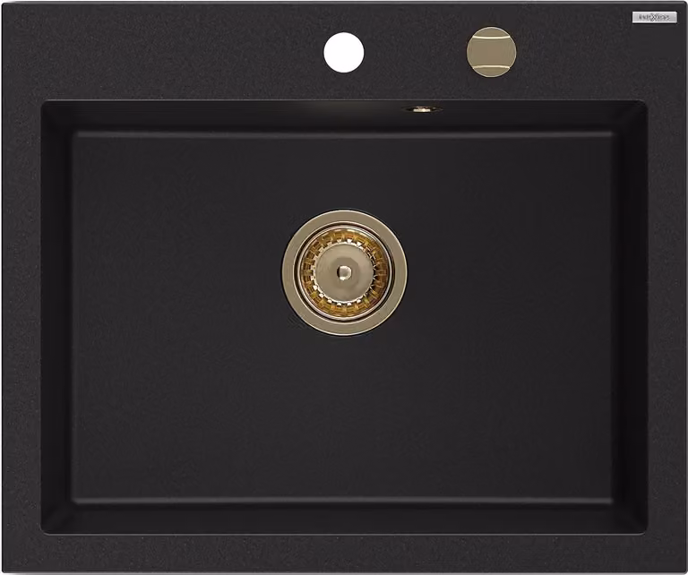 Mexen Elix lavello in granito a 1 vasca 600 x 500 mm, nero, sifone dorato - 6525601005-77-G