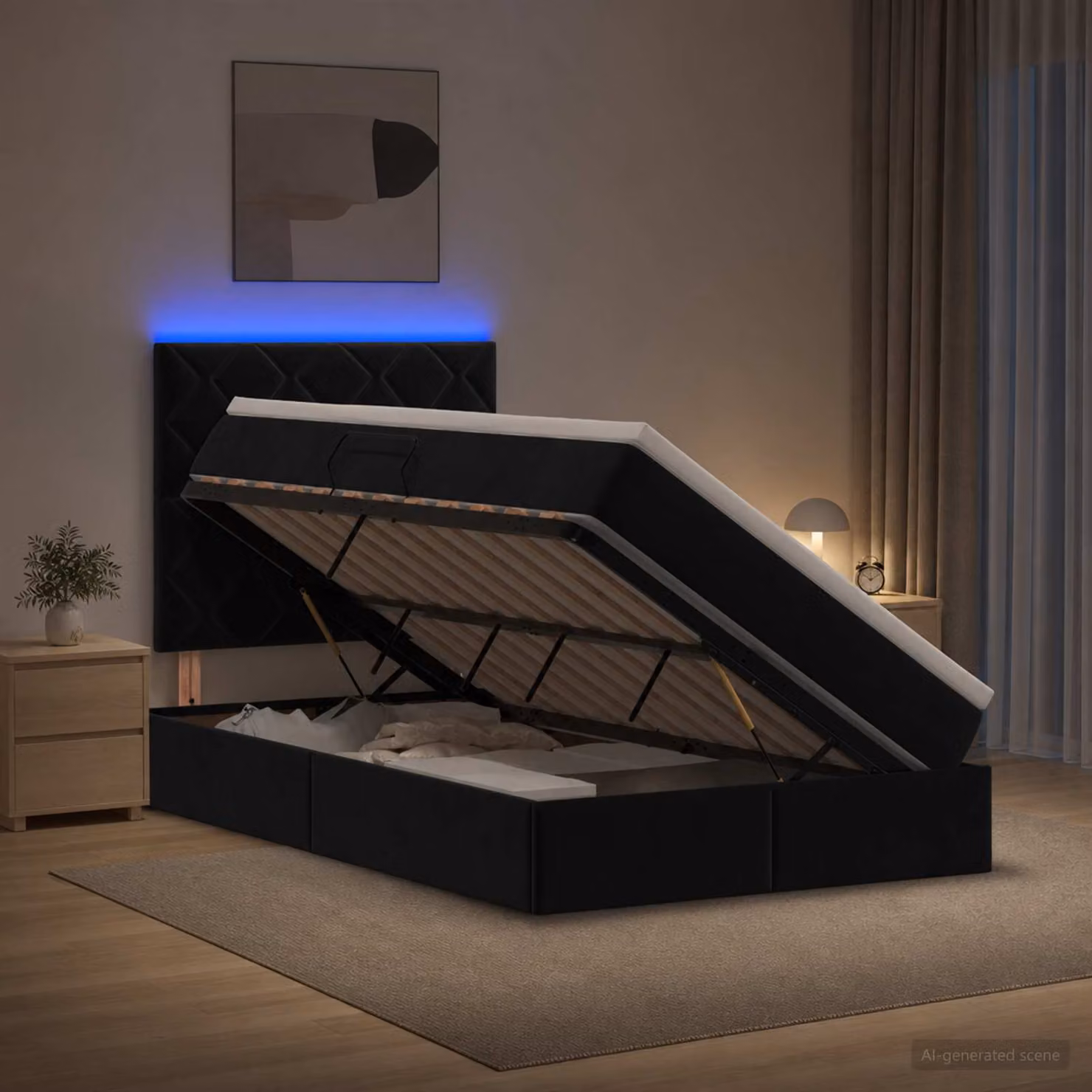 Letto con contenitore e illuminazione LED vidaXL in velluto nero L: 120 cm, P: 200 cm, H: 204 cm