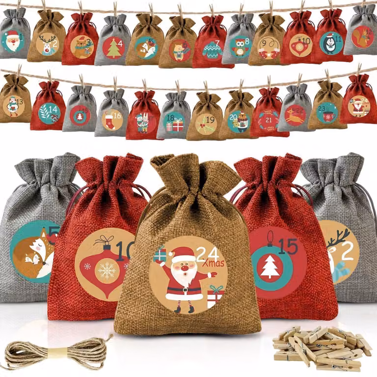 Calendario dell'Avvento da riempire, composto da 24 sacchetti di juta di 18 x 13 cm, con numeri stampati, inclusi fermagli e corda