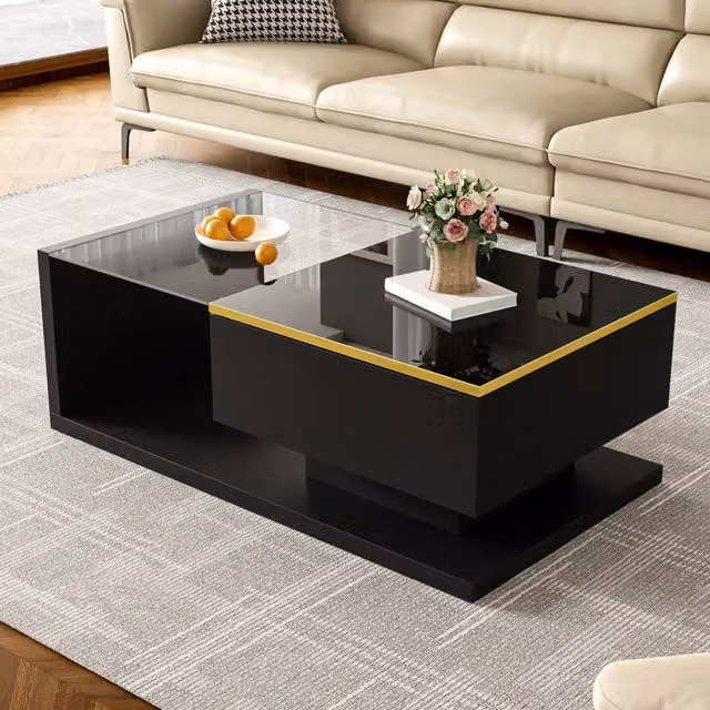 Tavolino basso fisso con vano e ripiani aperti; vetro e LED regolabile; nero lucido e opaco 90 × 50 × 32.5 cm