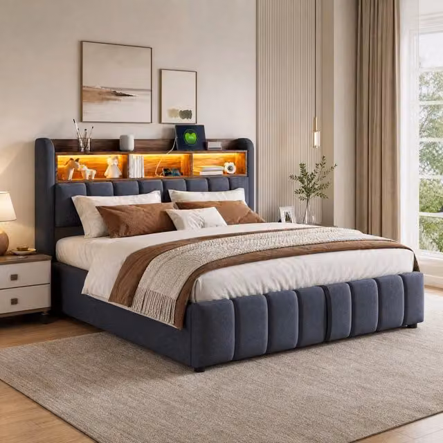 Letto imbottito 180x200 cm in lino grigio con illuminazione LED, porta USB e contenitore idraulico