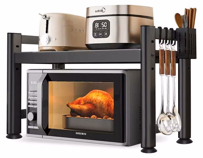 Ripiano estendibile per cucina, a 2 livelli, con 8 ganci, Acciaio al carbonio, colore nero, dimensioni 34x45x7,2 cm