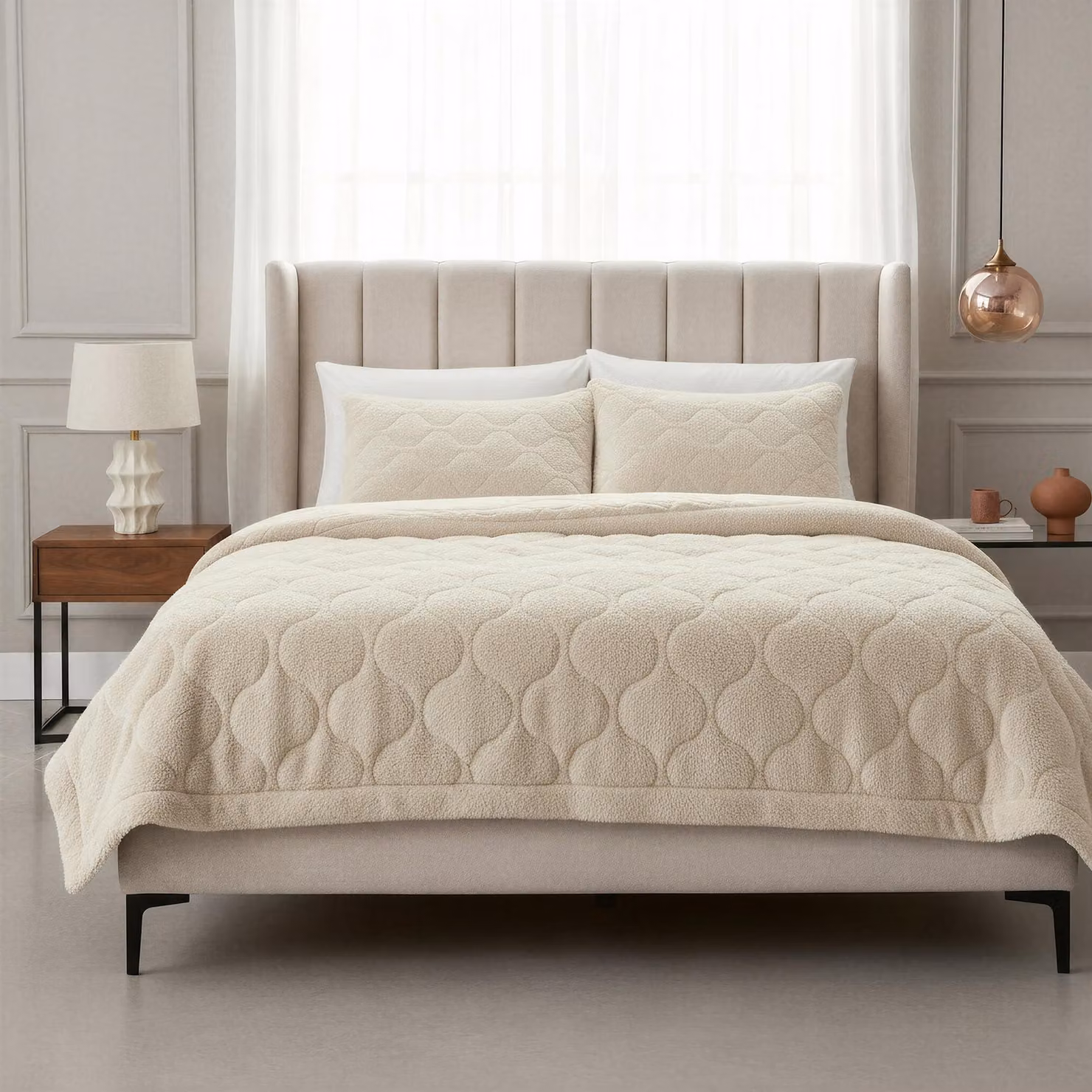 Coperta matrimoniale in stile teddy, beige, dimensioni 240 x 200 cm, ideale per letti matrimoniali, include federe, perfetta per la camera da letto