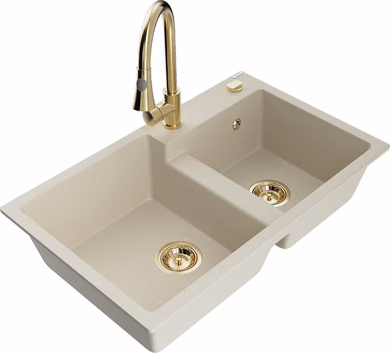 Mexen Tomas lavello da cucina in granito a 2 vasche con rubinetto Elia, beige - 6516-69-670101-50