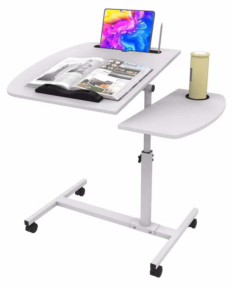 Tavolo regolabile in altezza per laptop, da 61 a 91 cm, dimensioni 60x40 cm. Scrivania regolabile in altezza con rotelle, fessura per tablet, portabicchieri, piano girevole, colore bianco