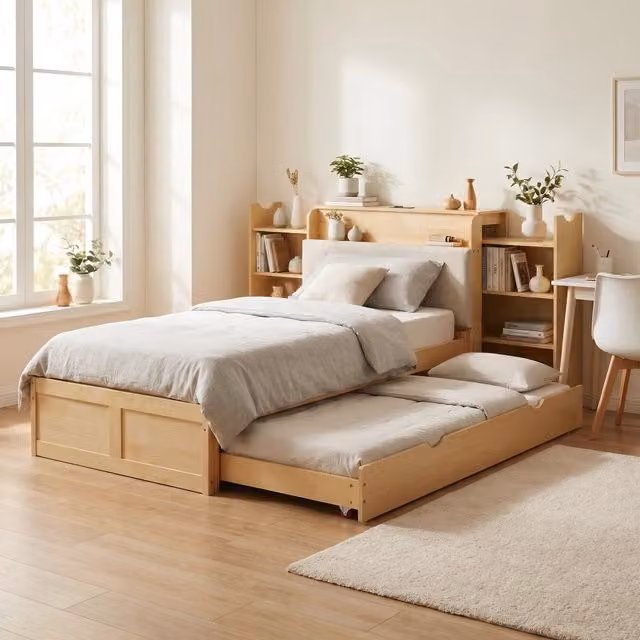 Letto estraibile 90x200 trasformabile in 180x200 con testiera libreria integrata; legno massello e MDF; naturale