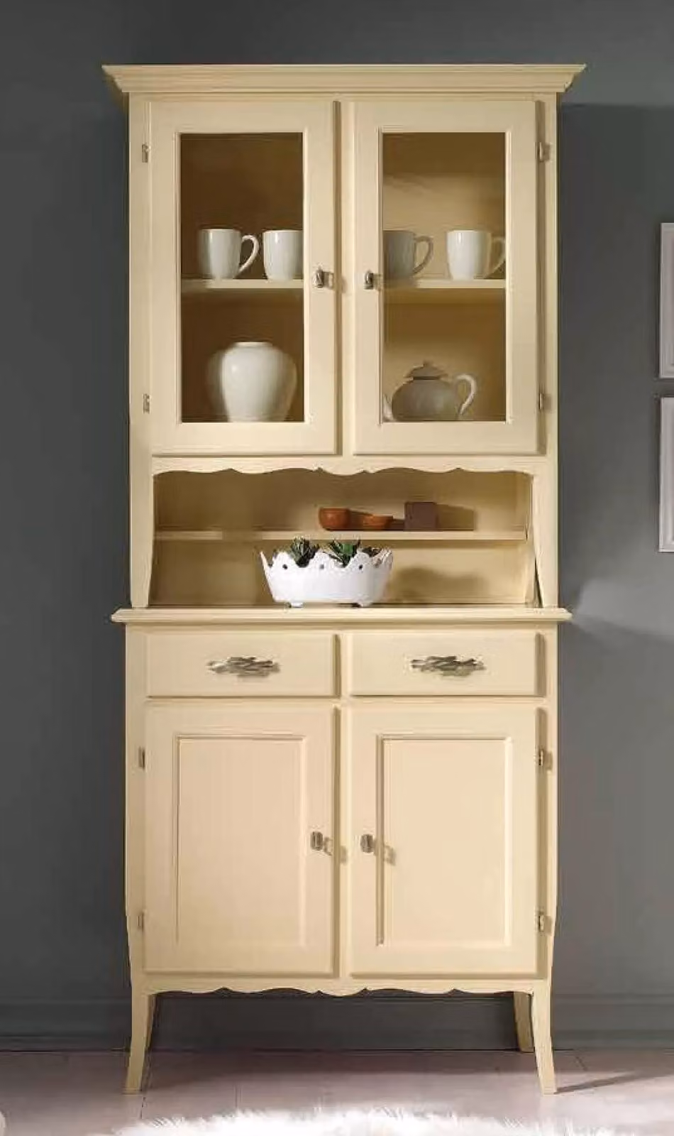 Cristalliera Mobili 2G in legno stile shabby chic con ante in vetro colore avorio L: 98 cm, P: 51 cm, H: 213 cm – 1