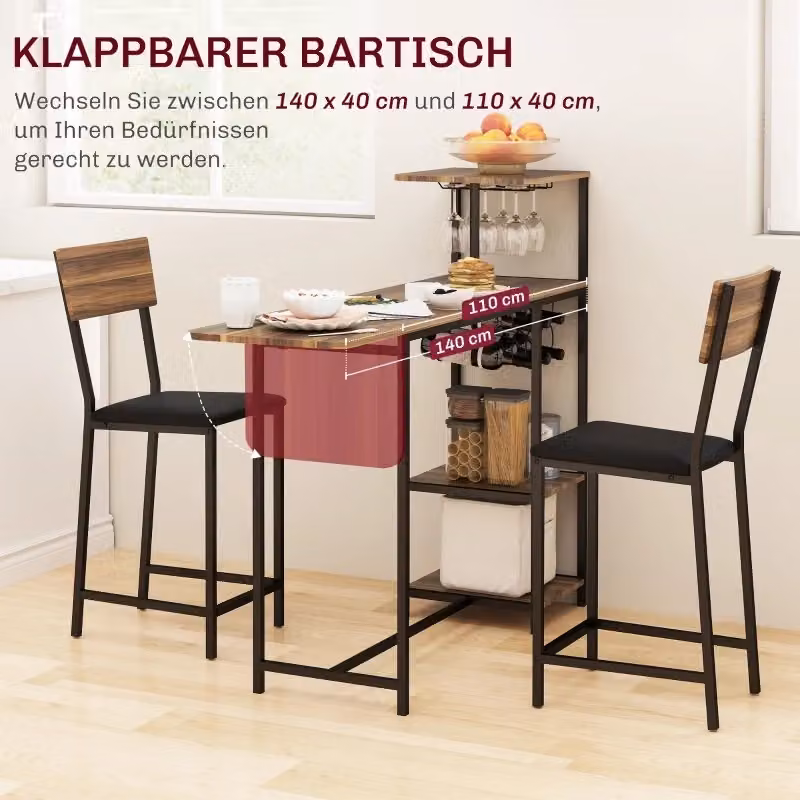 Set da 3 pezzi REDOM composto da tavolo estensibile rettangolare e sedie in stile industriale, realizzato in MDF e metallo, colore marrone – 2