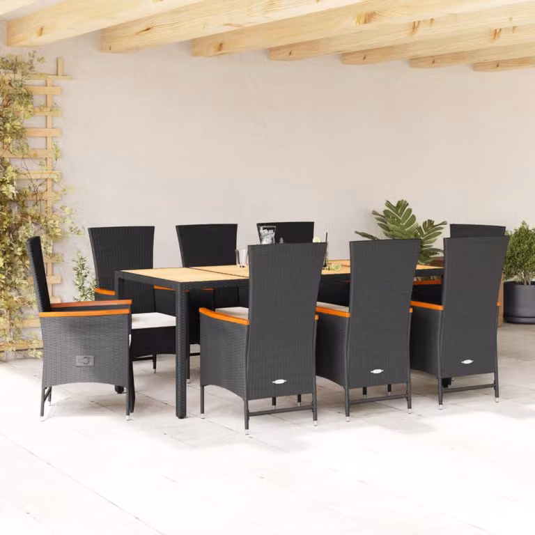 Set da pranzo da giardino vidaXL in polyrattan e legno di acacia con 9 pezzi e cuscini nero