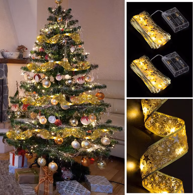 2 strisce decorative LED da 50 LED, colore oro, ideali per Natale, per decorare l'albero di Natale, lunghezza 5 metri