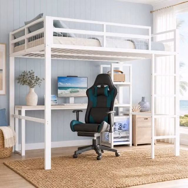 Letto a soppalco Mivray bianco con scrivania, scaffali e porte di ricarica USB e Type-C, L/P: 140 x 200 cm
