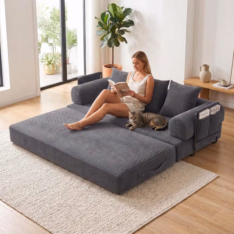 LVHOM Divano letto pieghevole in tessuto a coste, letto da giorno modulare con struttura in metallo, divano letto pieghevole con contenitore, portata 300 kg, grigio scuro