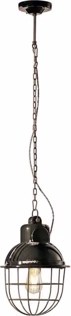 Lampadario Industrial Ferro E Ceramica Con Rete Vintage Nero 1 Luce E27 26Cm