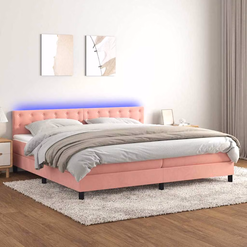 Letto a Molle con Materasso e LED vidaXL in Velluto Rosa, L/P: 200 x 200 cm – 1