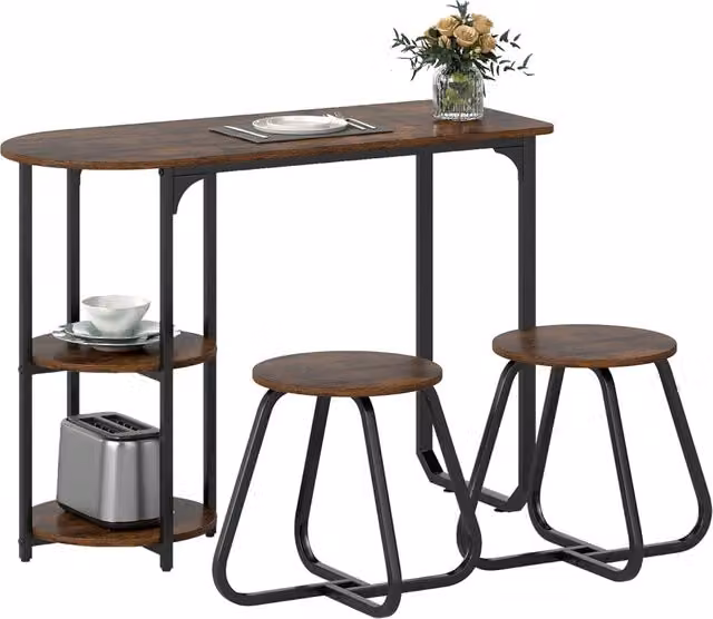 Set da pranzo industriale Design Mania composto da tavolo rettangolare e 2 sgabelli con ripiani portaoggetti, finitura opaca, colori marrone e nero, L/P/H: 110 x 45 x 78 cm