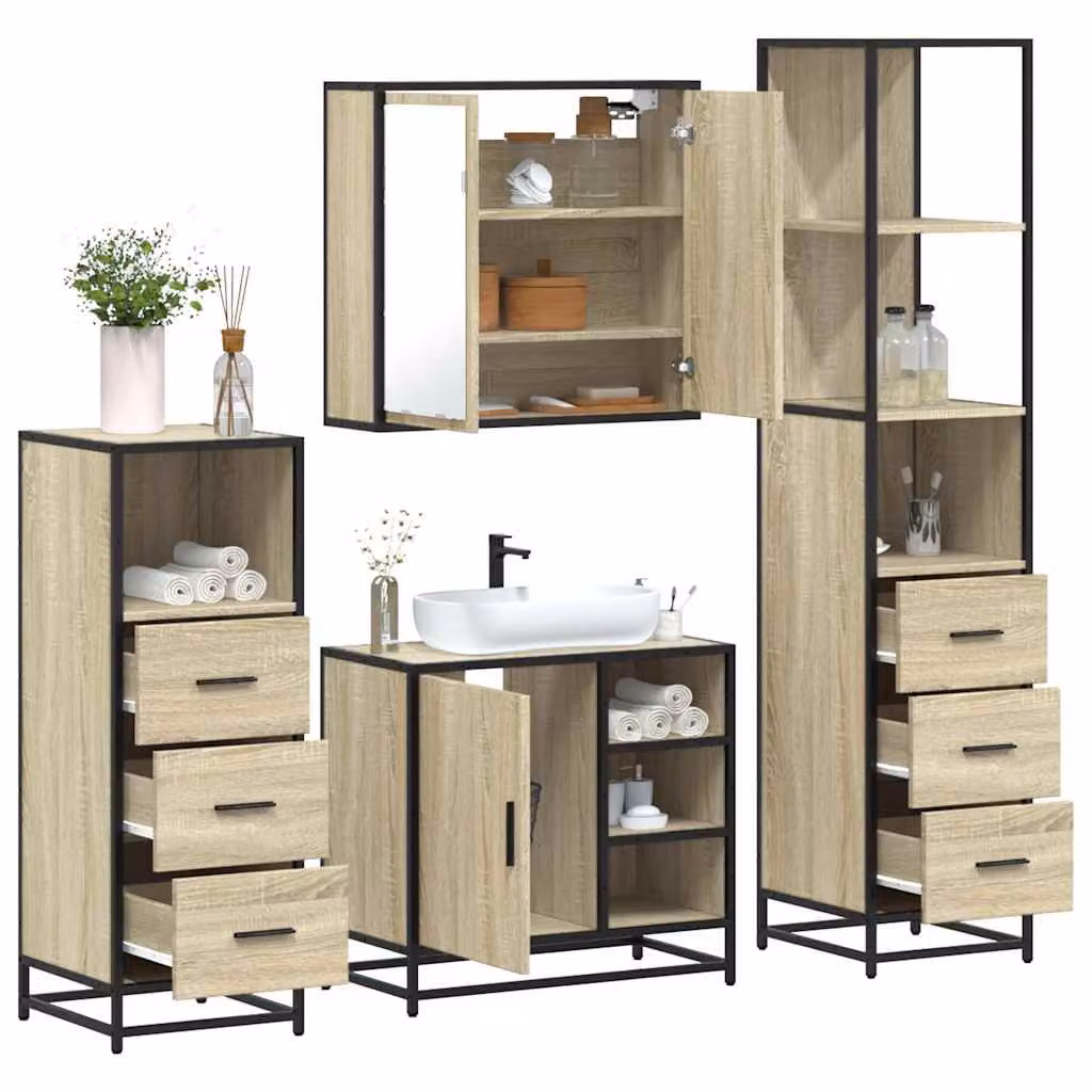 Set di mobili da bagno industrial vidaXL 4 pezzi in legno e metallo marrone con armadietto specchio, mobile lavabo, mobile laterale e colonna alta