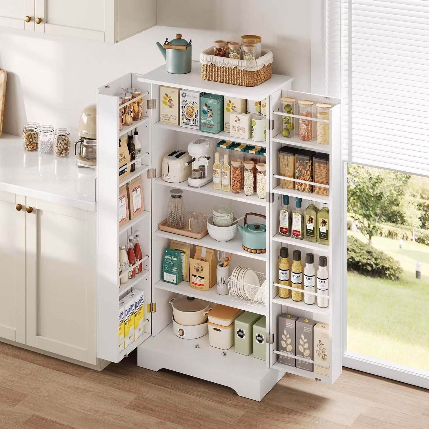 Armadio da cucina multifunzionale, bianco, 60x35x128 cm, con luce a LED attivata da sensore, ripiani interni regolabili in altezza e doppia porta