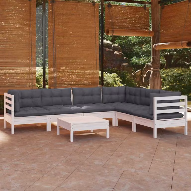 Set di divani da giardino vidaXL 7 pezzi in legno di pino con cuscini bianchi e antracite design moderno a L con elemento angolare e pouf