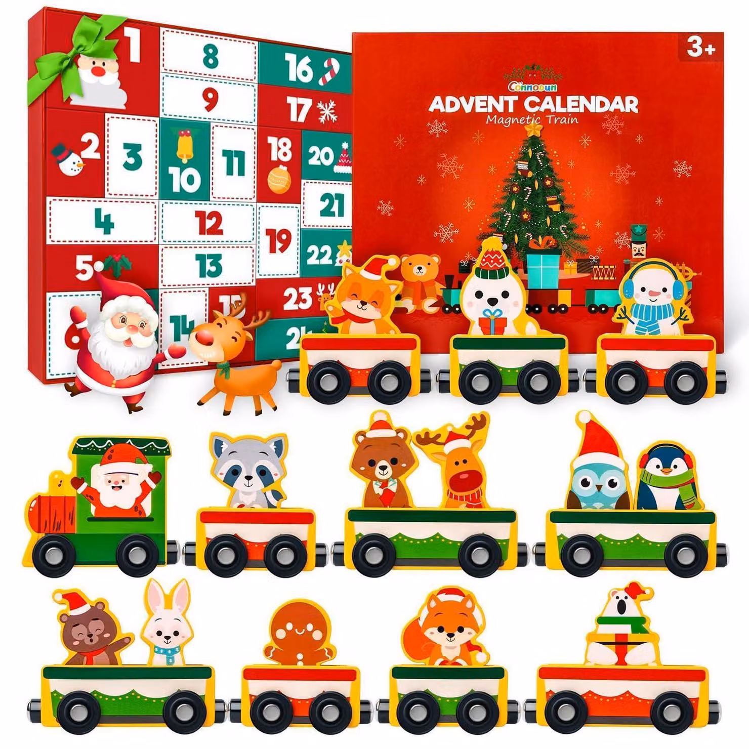 Calendario dell'Avvento in legno a tema trenino per bambini, con 24 regali, con sistema magnetico
