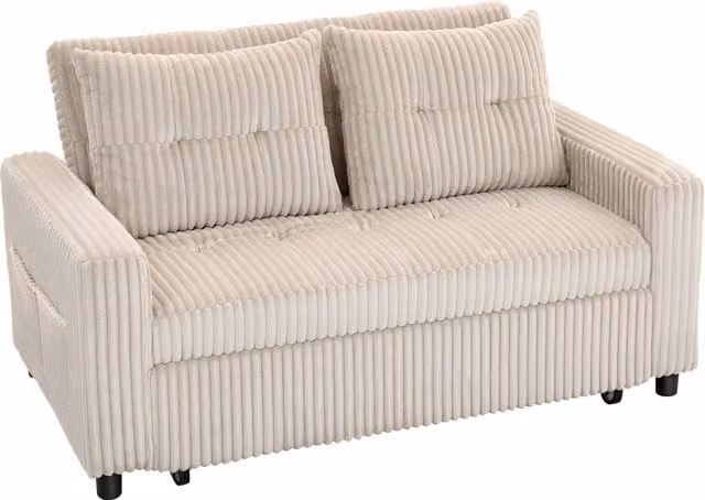 Divano letto HOMCOM a 2 posti in velluto a coste crema con cuscini e tasche laterali, trasformabile in letto 157 x 190 cm