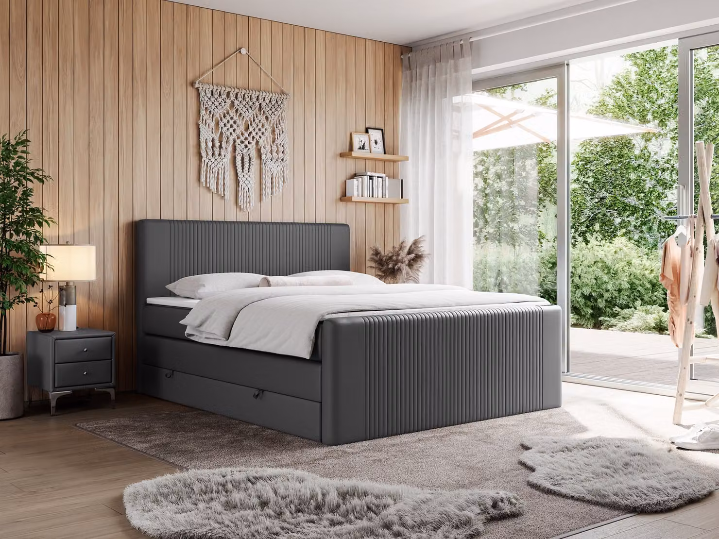 Letto boxspring, letto matrimoniale con materasso a tasche multiple e due contenitori - KING DOREN - 160x200 cm - Grigio scuro - H3
