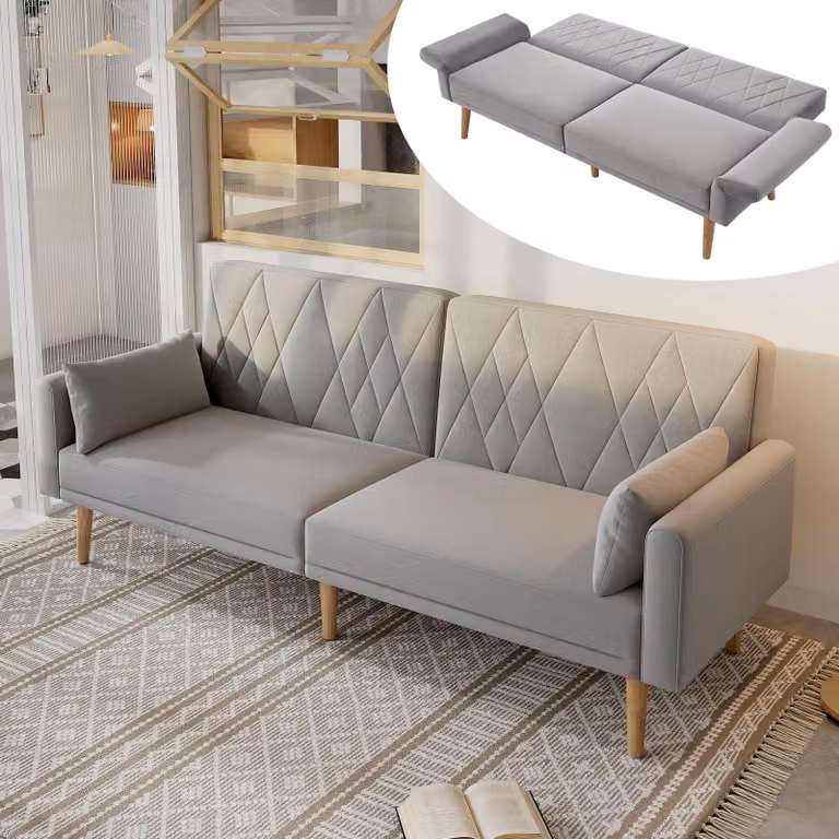 Divano letto Merax, divano a due posti con funzione letto, schienale e braccioli regolabili, 2 cuscini, divano, divano letto, divano da salotto, velluto, grigio