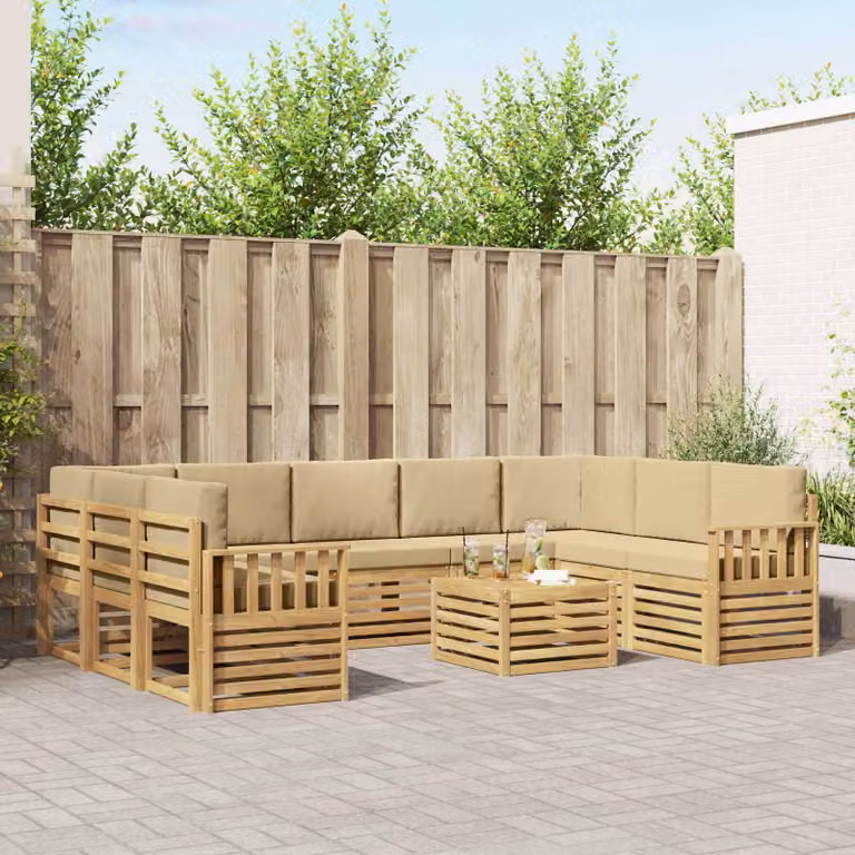 vidaXL Set di divani da esterno a L composto da 10 pezzi in legno di acacia con cuscini, Bianco, Beige e Marrone