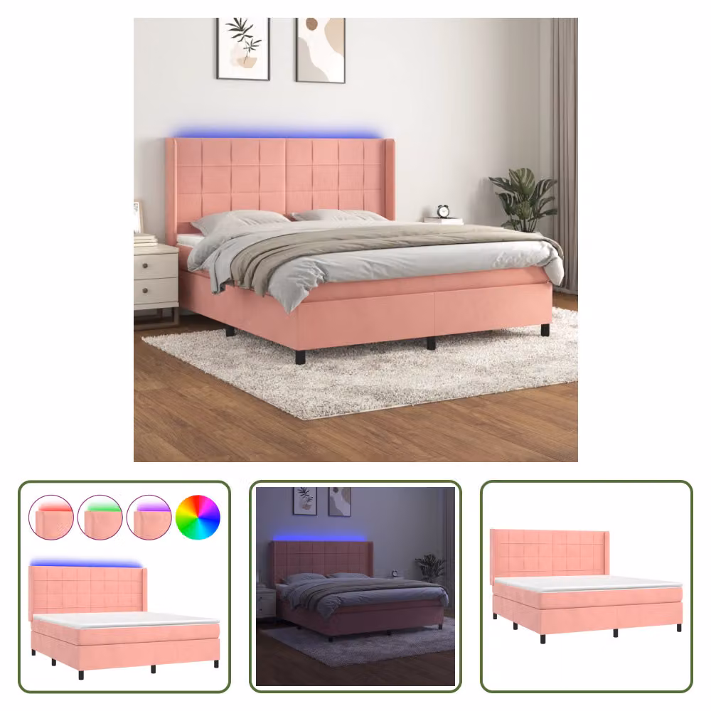 The Living Store Letto a molle con materasso e LED Rosa 160x200 cm Velluto